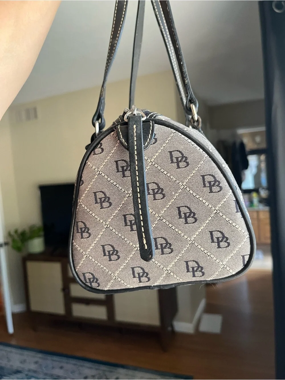 Dooney & Bourke Beige and Black Monogram Barrel Bag with Charm